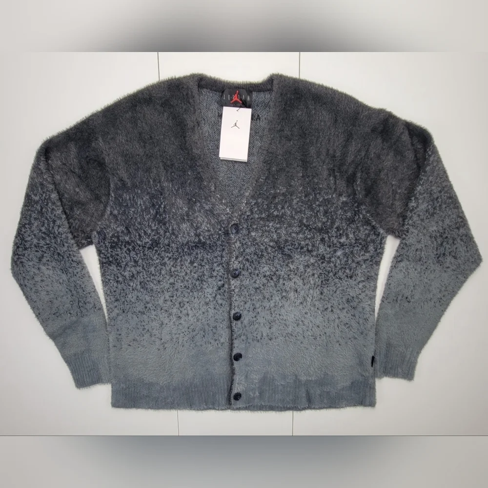 Jordan Flight Heritage Cardigan Mens LARGE Grey Ombre Fuzzy‎ Sweater FV7426 NEW